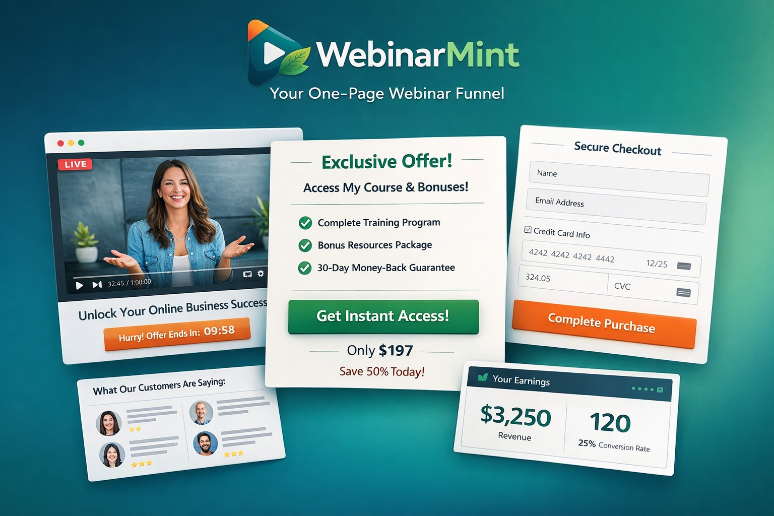 WebinarMint platform — funnel builder, payments, and templates